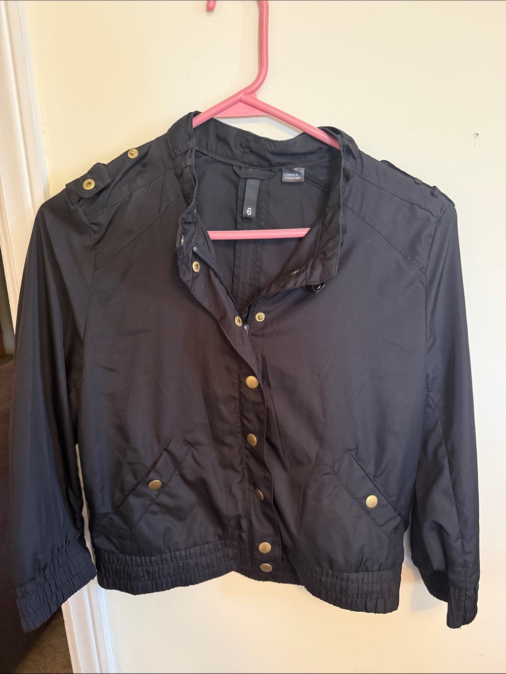 Source Unknown Black Bomber Jacket with Gold-Tone Snaps